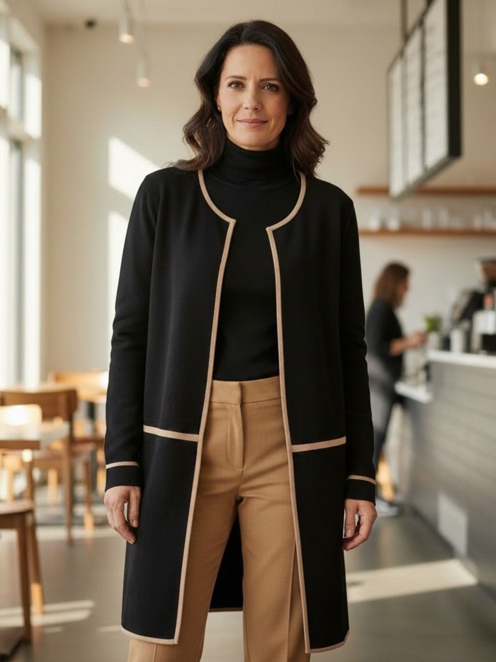 Talbots Black Open-Front Long Cardigan with Beige Trim - Picture 1 of 10